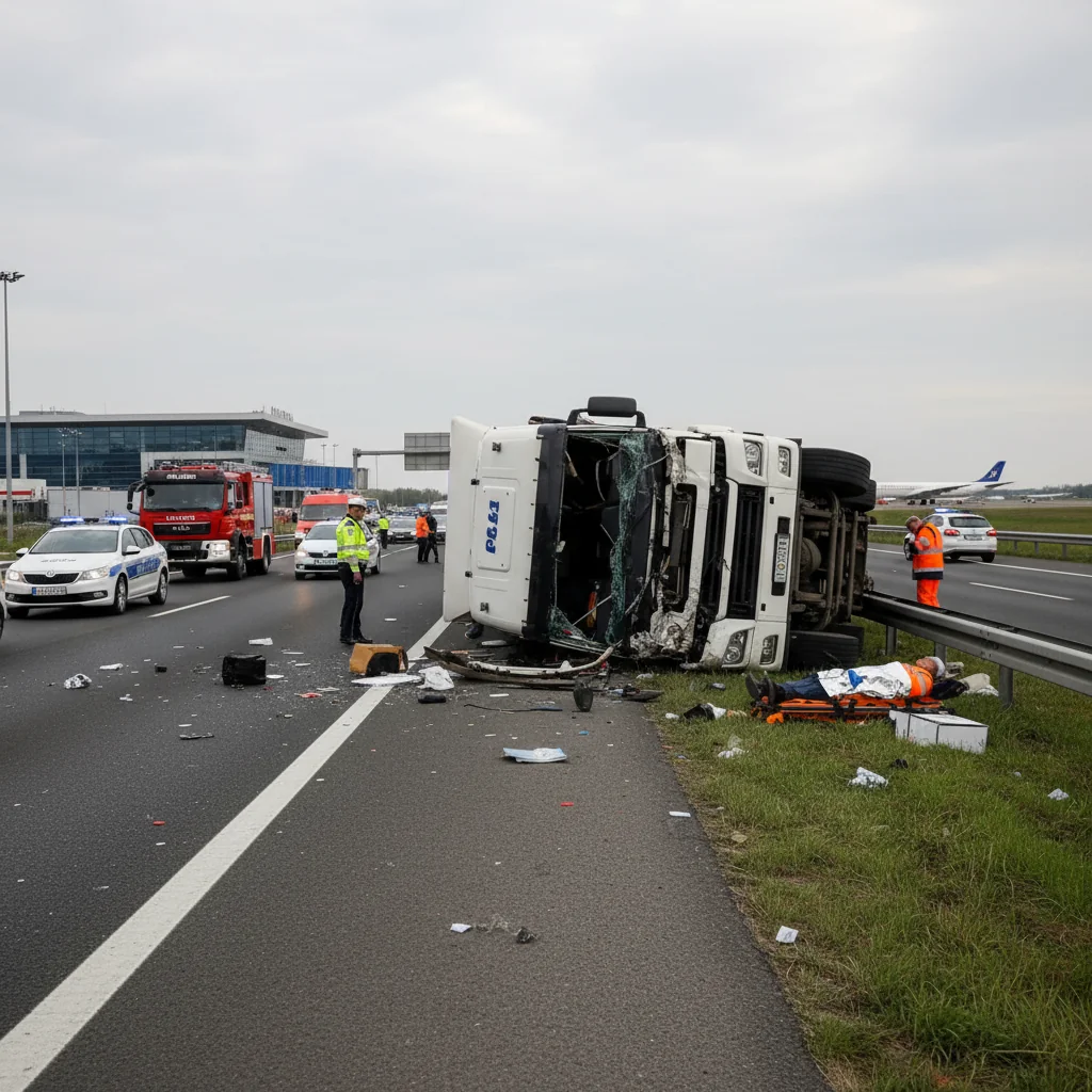 Accident rutier pe A1 lângă Aeroportul Arad: un TIR a lovit parapetul, o persoană rănită