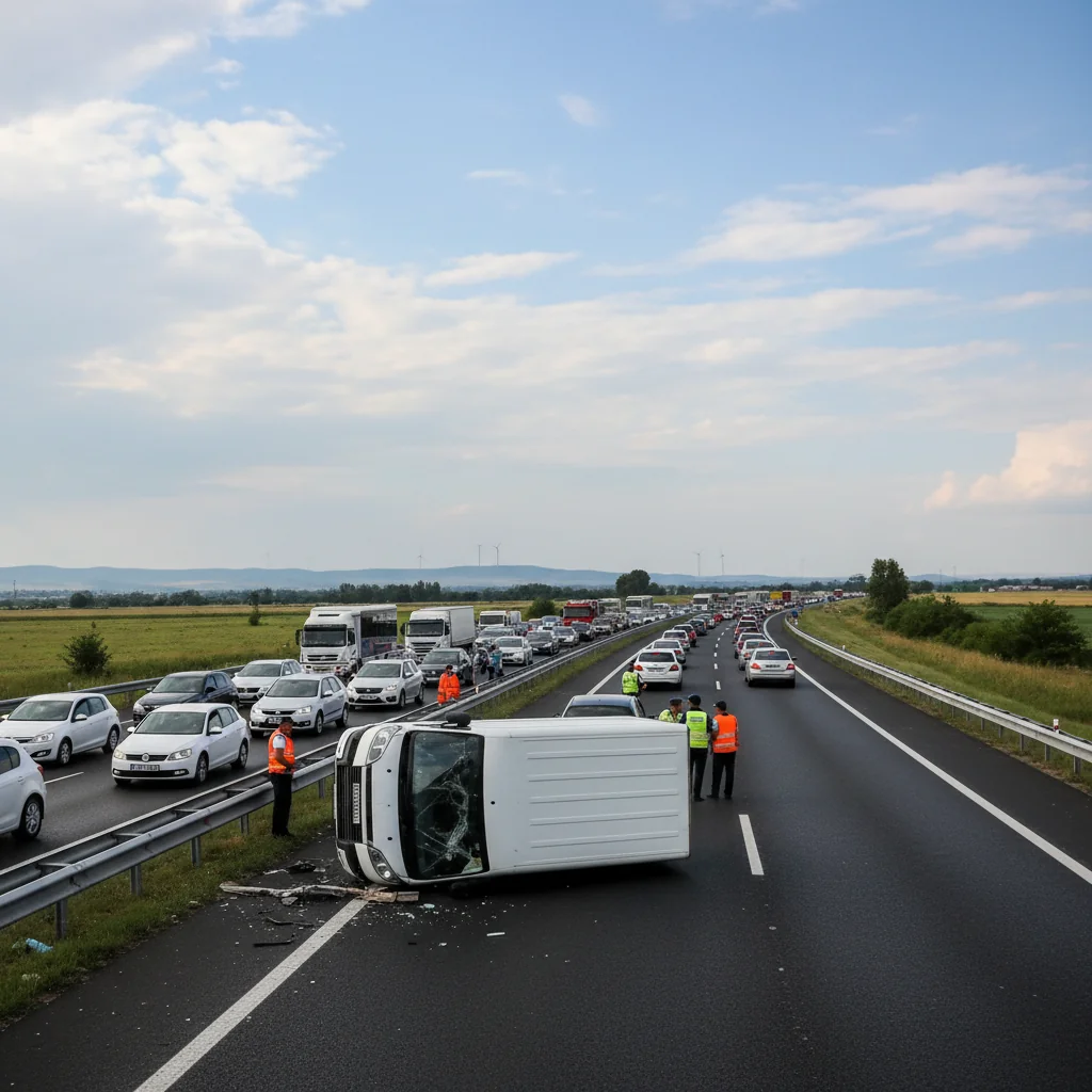 autoutilitară răsturnată, circulația este blocată