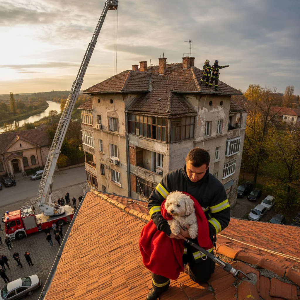 Câine salvat de pompieri de pe acoperișul unei clădiri