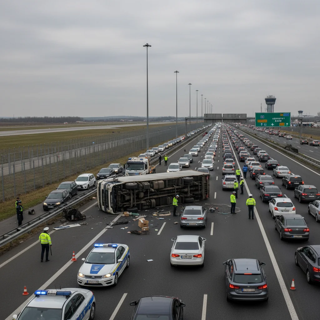 Camion răsturnat pe A1 lângă aeroportul din Arad. Trafic restricționat spre Timișoara