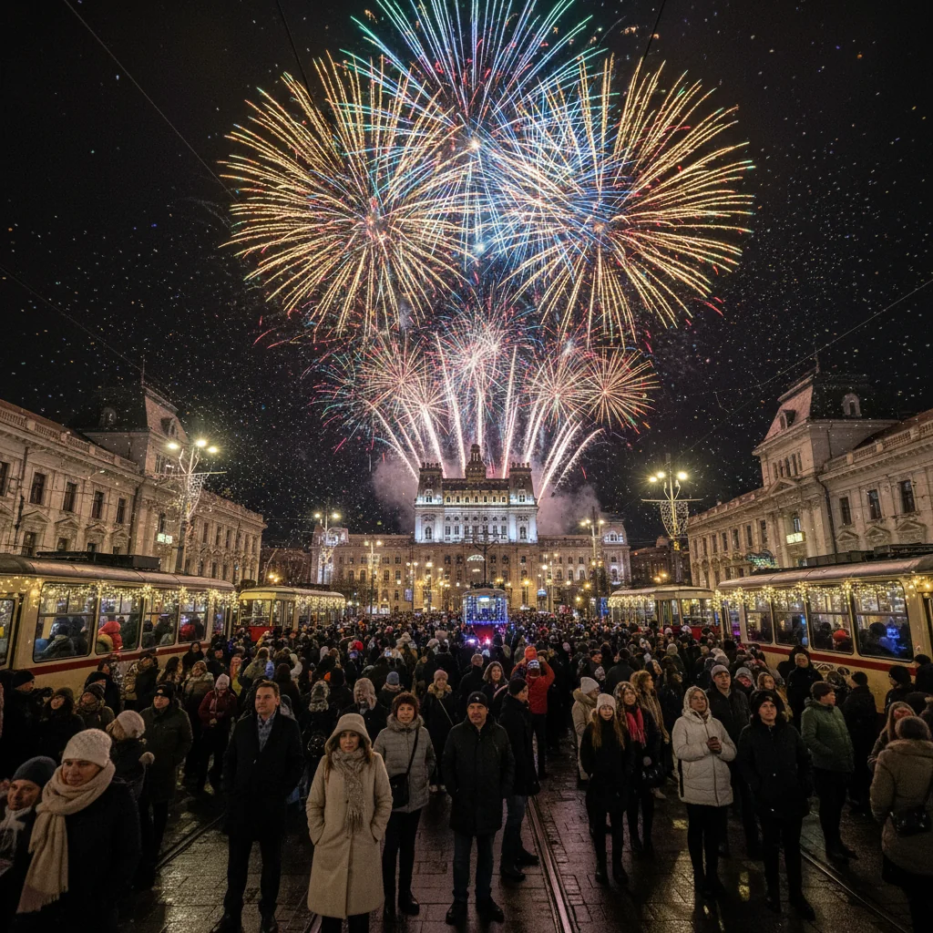 Revelion în stradă la Arad: focuri de artificii în centrul orașului au marcat trecerea în 2026