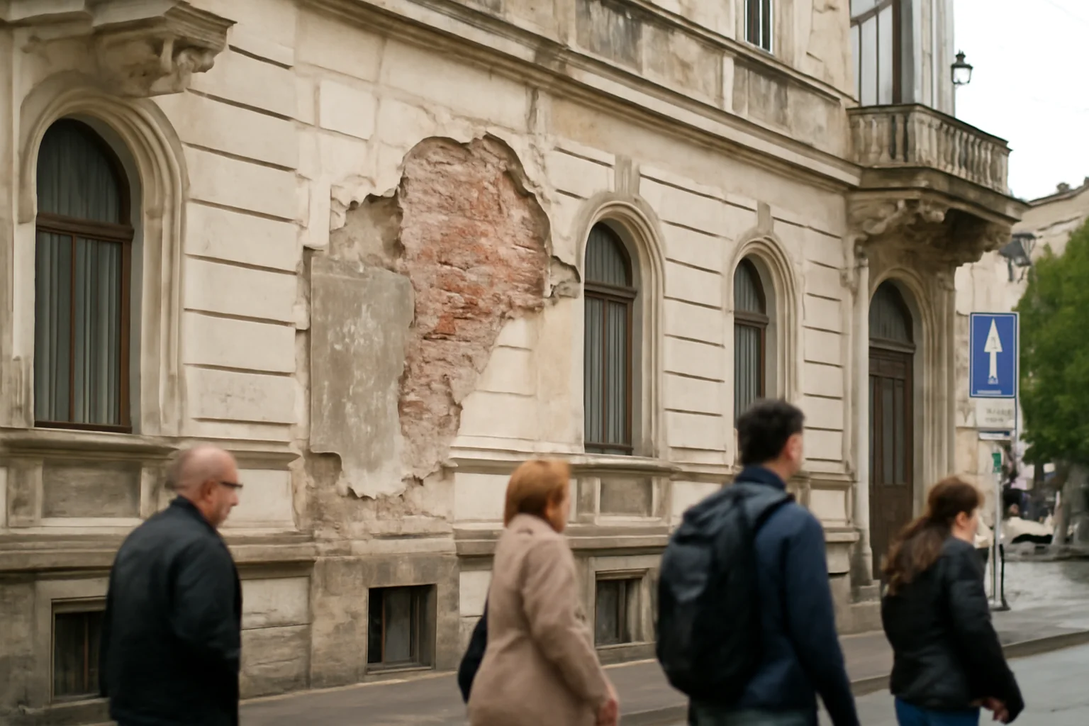Tencuială desprinsă de pe fațada Palatului Suciu din Arad, zonă circulată securizată de autorități